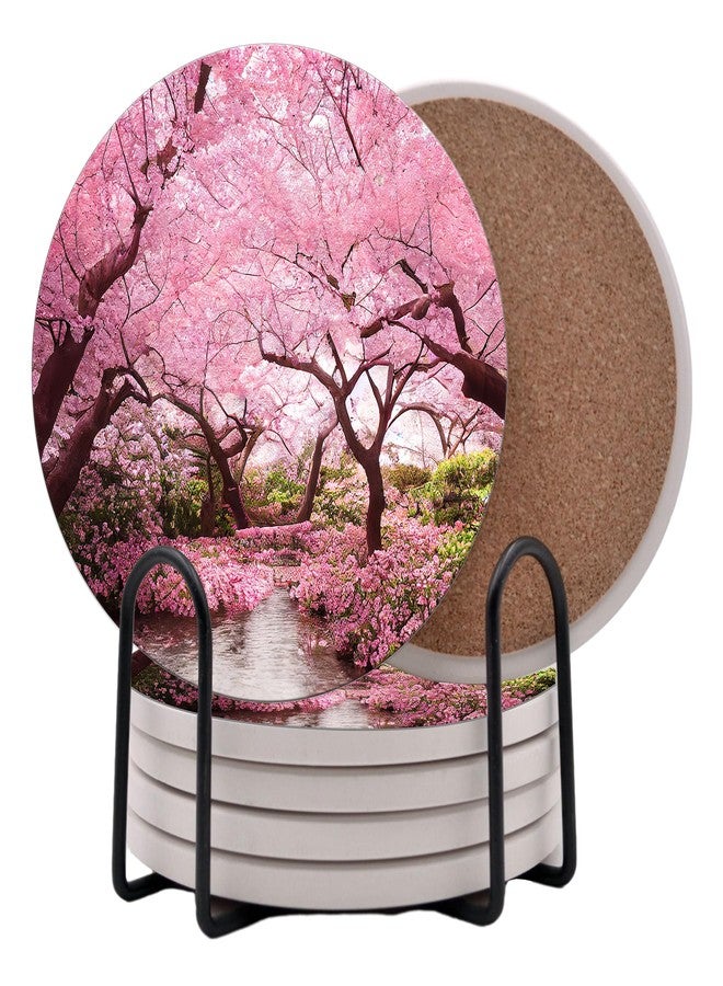 DAJDC Spring Season Flowers Round Coasters Set of 6 - Abosrbent Ceramic Coasters with Metal Stand for Drinks, Coffee, Non-Slip Cork Back for Tabletop Protection, 4 Inches (Cherry Blossom) - Image 1